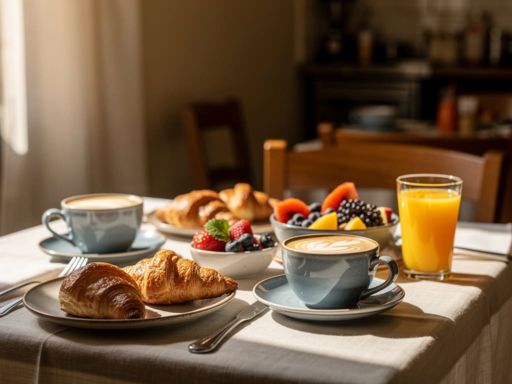 Tavolo di brunch soleggiato con caffè specialty e lievitati in un piccolo caffè romano